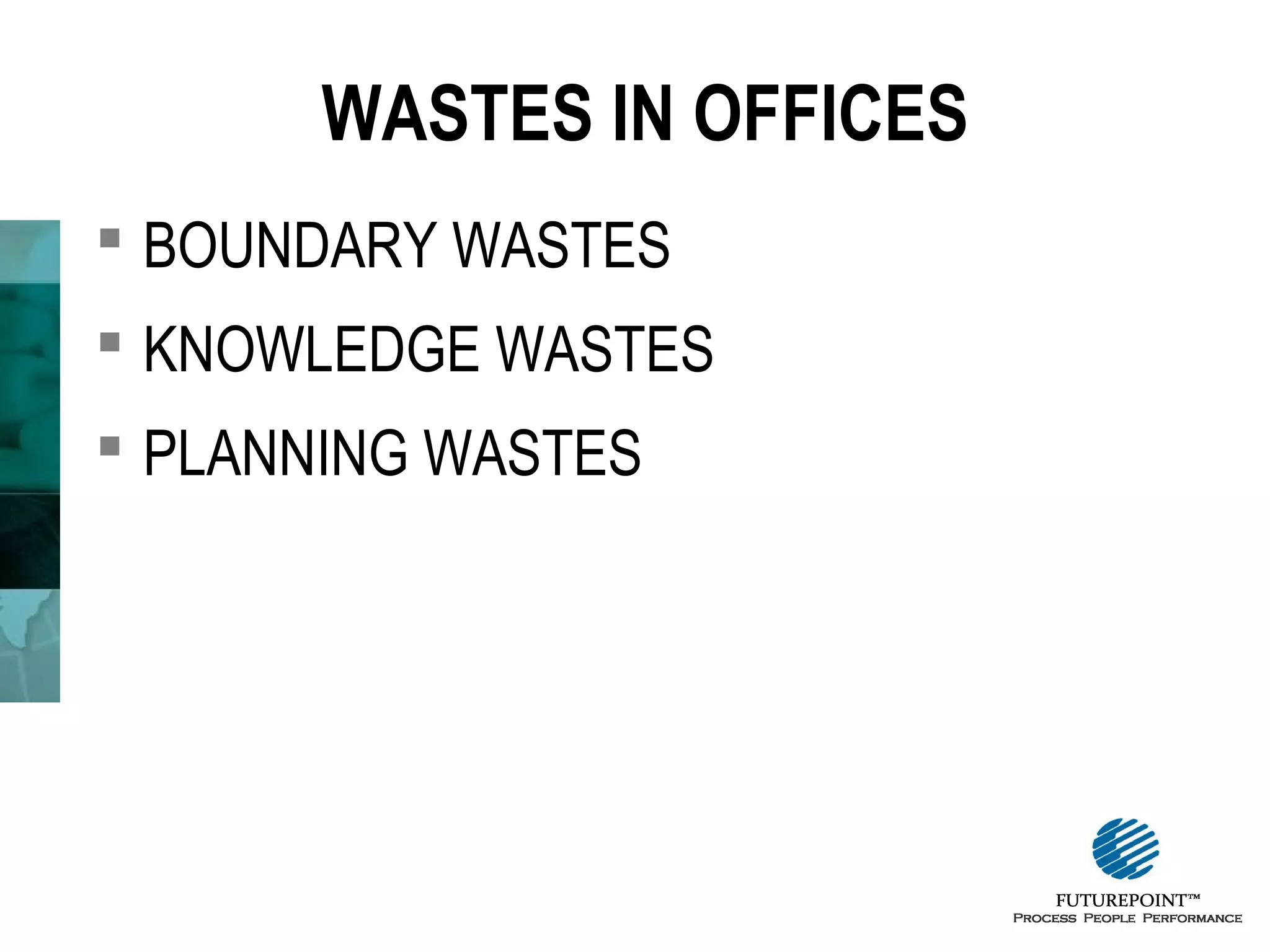 WASTES IN OFFICES
 BOUNDARY WASTES
 KNOWLEDGE WASTES
 PLANNING WASTES

 