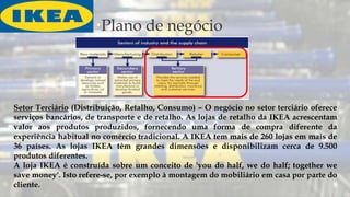 Plano de negócio
Setor Terciário (Distribuição, Retalho, Consumo) – O negócio no setor terciário oferece
serviços bancários, de transporte e de retalho. As lojas de retalho da IKEA acrescentam
valor aos produtos produzidos, fornecendo uma forma de compra diferente da
experiência habitual no comércio tradicional. A IKEA tem mais de 260 lojas em mais de
36 países. As lojas IKEA têm grandes dimensões e disponibilizam cerca de 9.500
produtos diferentes.
A loja IKEA é construída sobre um conceito de 'you do half, we do half; together we
save money'. Isto refere-se, por exemplo à montagem do mobiliário em casa por parte do
cliente.
 