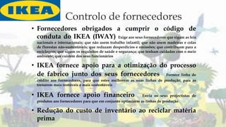 Controlo de fornecedores
• Fornecedores obrigados a cumprir o código de
conduta do IKEA (IWAY) Exige aos seus fornecedores que sigam as leis
nacionais e internacionais; que não usem trabalho infantil; que não usem madeiras e colas
de florestas não-sustentáveis; que reduzam desperdícios e emissões; que contribuam para a
reciclagem; que sigam os requisitos de saúde e segurança; que tenham cuidados com o meio
ambiente; que cuidem dos seus funcionários
• IKEA fornece apoio para a otimização do processo
de fabrico junto dos seus fornecedores Fornece linha de
crédito aos fornecedores, para que estes melhorem as suas linhas de produção, para as
tornarem mais rentáveis e mais sustentáveis
• IKEA fornece apoio financeiro Envia os seus projectistas de
produtos aos fornecedores para que em conjunto optimizem as linhas de produção
• Redução do custo de inventário ao reciclar matéria
prima
 