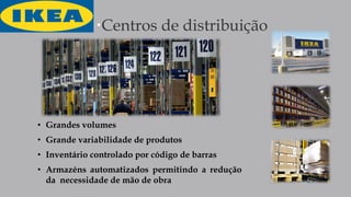 Centros de distribuição
• Grandes volumes
• Grande variabilidade de produtos
• Inventário controlado por código de barras
• Armazéns automatizados permitindo a redução
da necessidade de mão de obra
 