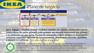Plano de negócio
Setor Primário (Matéria prima) - A IKEA trabalha em estreita colaboração com os
fornecedores do sector primário para garantir um impacto sustentável nas pessoas
e no ambiente em que opera. Na fase de concepção, a IKEA verifica se os produtos
cumprem requisitos rigorosos de funcionamento, distribuição eficiente, qualidade
e impacto no ambiente. 'Low price but not at any price'
A IKEA usa a ferramenta e-Wheel para avaliar o impacto ambiental dos seus produtos. A
e-Wheel analisa as cinco fases da vida de um produto (Raw Material, Manufacturing,
Distribution, Use, End of life). Esta ferramenta ajuda também os fornecedores a melhorar o
seu conhecimento sobre o impacto ambiental dos produtos que estão a fornecer.
 