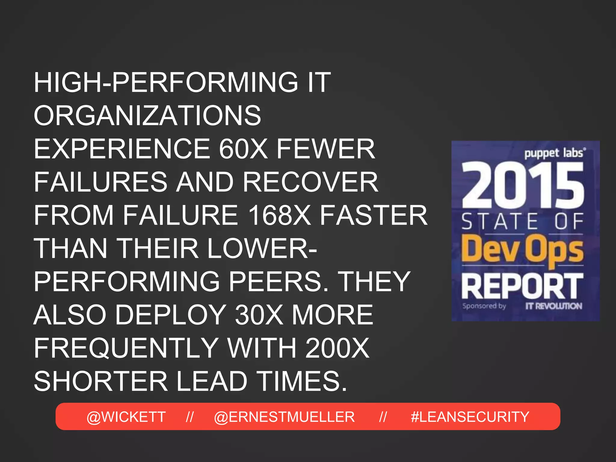@WICKETT // @ERNESTMUELLER // #LEANSECURITY
HIGH-PERFORMING IT
ORGANIZATIONS
EXPERIENCE 60X FEWER
FAILURES AND RECOVER
FROM FAILURE 168X FASTER
THAN THEIR LOWER-
PERFORMING PEERS. THEY
ALSO DEPLOY 30X MORE
FREQUENTLY WITH 200X
SHORTER LEAD TIMES.
 