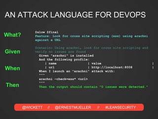 @WICKETT // @ERNESTMUELLER // #LEANSECURITY
@slow @final
Feature: Look for cross site scripting (xss) using arachni
against a URL
Scenario: Using arachni, look for cross site scripting and
verify no issues are found
Given "arachni" is installed
And the following profile:
| name | value |
| url | http://localhost:8008 |
When I launch an "arachni" attack with:
"""
arachni —check=xss* <url>
"""
Then the output should contain "0 issues were detected."
Given
When
Then
What?
AN ATTACK LANGUAGE FOR DEVOPS
 