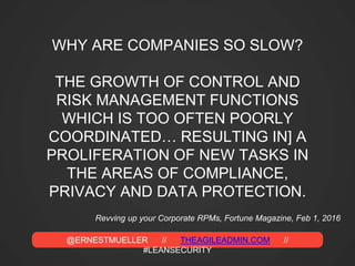 @ERNESTMUELLER // THEAGILEADMIN.COM //
#LEANSECURITY
WHY ARE COMPANIES SO SLOW?
THE GROWTH OF CONTROL AND
RISK MANAGEMENT FUNCTIONS
WHICH IS TOO OFTEN POORLY
COORDINATED… RESULTING IN] A
PROLIFERATION OF NEW TASKS IN
THE AREAS OF COMPLIANCE,
PRIVACY AND DATA PROTECTION.
Revving up your Corporate RPMs, Fortune Magazine, Feb 1, 2016
 