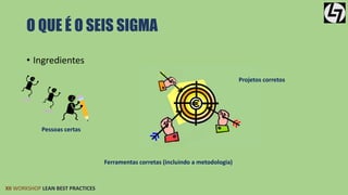 O QUE É O SEIS SIGMA 
• Ingredientes 
Pessoas certas 
XII WORKSHOP LEAN BEST PRACTICES 
Ferramentas corretas (incluindo a metodologia) 
Projetos corretos 
 