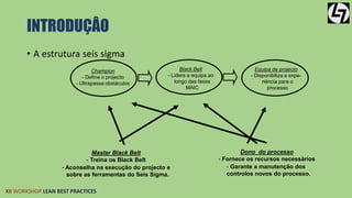 INTRODUÇÂO 
• A estrutura seis sigma 
Champion 
- Define o projecto 
- Ultrapassa obstáculos 
XII WORKSHOP LEAN BEST PRACTICES 
Black Belt 
- Lidera a equipa ao 
longo das fases 
MAIC 
Equipa de projecto 
- Disponibiliza a expe-riência 
para o 
processo 
Master Black Belt 
- Treina os Black Belt 
- Aconselha na execução do projecto e 
sobre as ferramentas do Seis Sigma. 
Dono do processo 
- Fornece os recursos necessários 
- Garante a manutenção dos 
controlos novos do processo. 
 