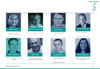 - 7 -Confidential not to be used without consent
The kinetik team
Ketan Varia Rob Worth David Thomson
Alan Clark Maria Gilgeous
Operational Strategy,
Transformative Change
Process Excellence, Lean, Six
Sigma
Process Improvement,
Lean, Technology
Change Management,
Organisation Learning
Process Innovation, TRIZ, Six
Sigma
Process Improvement,
Systems Thinking, Training
Lean, Six Sigma,
Training and Coaching
Operations Design, Supply
Chain, Lean
Ian Robertson
Herald Voorneveld
Paul Frobisher
 