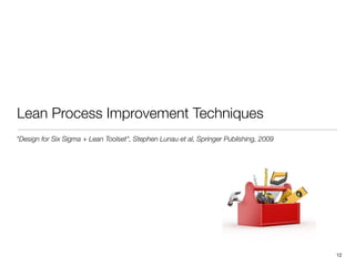 Lean Process Improvement Techniques
!12
"Design for Six Sigma + Lean Toolset", Stephen Lunau et al, Springer Publishing, 2009
 