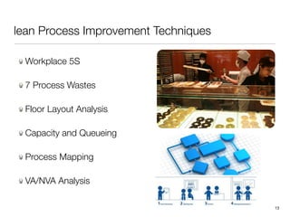 lean Process Improvement Techniques
Workplace 5S
7 Process Wastes
Floor Layout Analysis
Capacity and Queueing
Process Mapping
VA/NVA Analysis
!13
 
