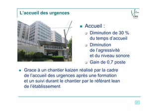 L’accueil des urgences

                                 Accueil :
                                   Diminution de 30 %
                                   du temps d’accueil
                                   Diminution
                                   de l’agressivité
                                   et du niveau sonore
                                   Gain de 0,7 poste
 Grace à un chantier kaizen réalisé par la cadre
 de l’accueil des urgences après une formation
 et un suivi durant le chantier par le référant lean
 de l’établissement


                                                         17
 