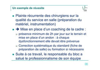 Un exemple de réussite

  Plainte récurrente des chirurgiens sur la
  qualité du service en salle (préparation du
  matériel, instrumentation)
     Mise en place d’un coaching de la cadre :
    présence minimum de 2h par jour sur le terrain et
    mise en place d’un andon : à chaque
    dysfonctionnement elle devait être prévenue
    Correction systématique du standard (fiche de
    préparation de salle) ou formation si nécessaire
  Suite à ce travail, le responsable du bloc a
  salué le professionnalisme de son équipe
                                                    19
 