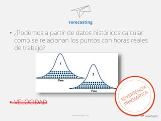 Forecasting 
• ¿Podemos a partir de datos históricos calcular 
como se relacionan los puntos con horas reales 
de trabajo? 
• VELOCIDAD 
www.leansight.com 
 