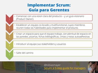 Implementar Scrum: 
Guía para Gerentes 
1 
• Comenzar con una vision clara del producto – y un guía visionario 
(Product Owner). 
2 
• Establecer un equipo co-locado y multifunctional, cuyos miembros 
reunen todas las habilidades para implementar el producto. 
3 
• Crear un espacio para que el equipo trabaje, con plenitud de espacio en 
las paredes, pizarras, fichas bibliográficas, cintas y notas autoadhesivas 
4 
• Introducir al equipo sus stakeholders y usuarios 
5 
• Salte del camino 
@tobiasmayer 
Scrum: a 5-step guide for managers 
 