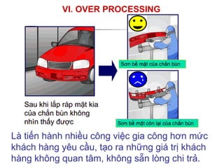 VI. OVER PROCESSING
Là tiến hành nhiều công việc gia công hơn mức
khách hàng yêu cầu, tạo ra những giá trị khách
hàng không quan tâm, không sẵn lòng chi trả.
 