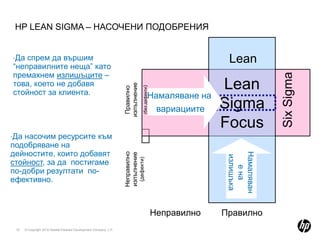 ОПТИМИЗИРАНЕ НА БИЗНЕС ПРОЦЕСИ: 2 ПОДХОДАПреди да започнемтрябва да познаваме: Перспективата на клиента (заинтересованите страни), оценяване на нуждите на бизнеса, познания свързани с принципите на промяната, организационна култура, ресурси Оптимизиране чрез непрекъснати подобренияПромяната е част от задълженията на служителите и ‘собственика на процеса’Извършва се от служители, които ежедневно работят с процесаПодобрява се съществуващия процес до достигане на конкретни подобрения чрез анализ и опростяване (пр. по-малко време, по-малко стъпки в процеса)По-малък рискСлужителите са обучени да правят непрекъснати подобренияОптимизиране чрез пълен реинженеринг (радикални промени)Изисква се намесата на топ мениджмънтаИзвършва се от ‘външни’ консултантиЗапочва с преглед на процеса от перстективата на клиента, процеса се структурира отново така, че да се постигне новата визияПо-голям рискСлед промяната се изисква бюджет за обучение на служителитеИТ инвестиция (в някои случаи)Източник: Университетът в Портсмут, Великобритания