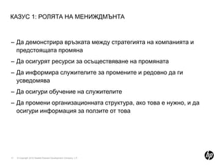 Подходът се използва за повишаване на уменията на служители на ХП да допинасят за подобрения в работата на компаниятаHP Restricted