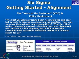 Plan
Do
Check
Act
Presented by: Joe Labas, ASQ CSSBB – May 8, 2008 26 of 44
Six Sigma
Getting Started - Alignment
The “Voice of the Customer” (VOC) &
Policy Deployment
"The best Six Sigma projects begin not inside the business
but outside it, focused on answering the question - how can
we make the customer more competitive? What is critical
to the customer's success?…One thing we have discovered
with certainty is that anything we do that makes the
customer more successful inevitably results in a financial
return for us.”
- Jack Welch, GE’s 1997 Annual Meeting
 