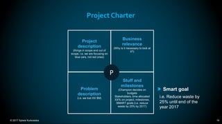 © 2017 Sylwia Kurkowska 14
Project Charter
Stuff and
milestones
(Champion decides on
budgets
Stakeholders, time allocated
XX% on project, milestones,
SMART goals (i.e. reduce
waste by 25% by 2017)
Business
relevance
(Why is it necessary to look at
it?)
Project
description
(things in scope and out of
scope, i.e. we are focusing on
blue cars, not red ones)
Problem
description
(i.e. we lost XX $M)
P
i.e. Reduce waste by
25% until end of the
year 2017
Smart goal
 