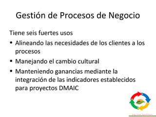 Gestión de Procesos de Negocio
Tiene seis fuertes usos
• Alineando las necesidades de los clientes a los
procesos
• Manejando el cambio cultural
• Manteniendo ganancias mediante la
integración de las indicadores establecidos
para proyectos DMAIC
 