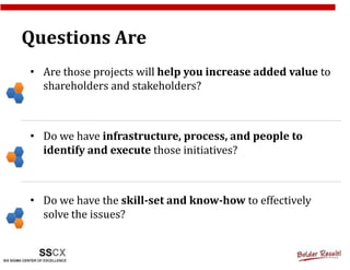 Questions Are
• Are those projects will help you increase added value to
  shareholders and stakeholders?



• Do we have infrastructure, process, and people to
  identify and execute those initiatives?



• Do we have the skill-set and know-how to effectively
  solve the issues?
 