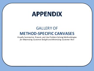 GALLERY	
  OF	
  
   METHOD-­‐SPECIFIC	
  CANVASES	
  
Visually	
  Summarize,	
  Present,	
  and	
  Use	
  Problem	
  Solving	
  Methodologies	
  
   for	
  Maximizing	
  Customer	
  Delight	
  and	
  Minimizing	
  Customer	
  Pain	
  
 