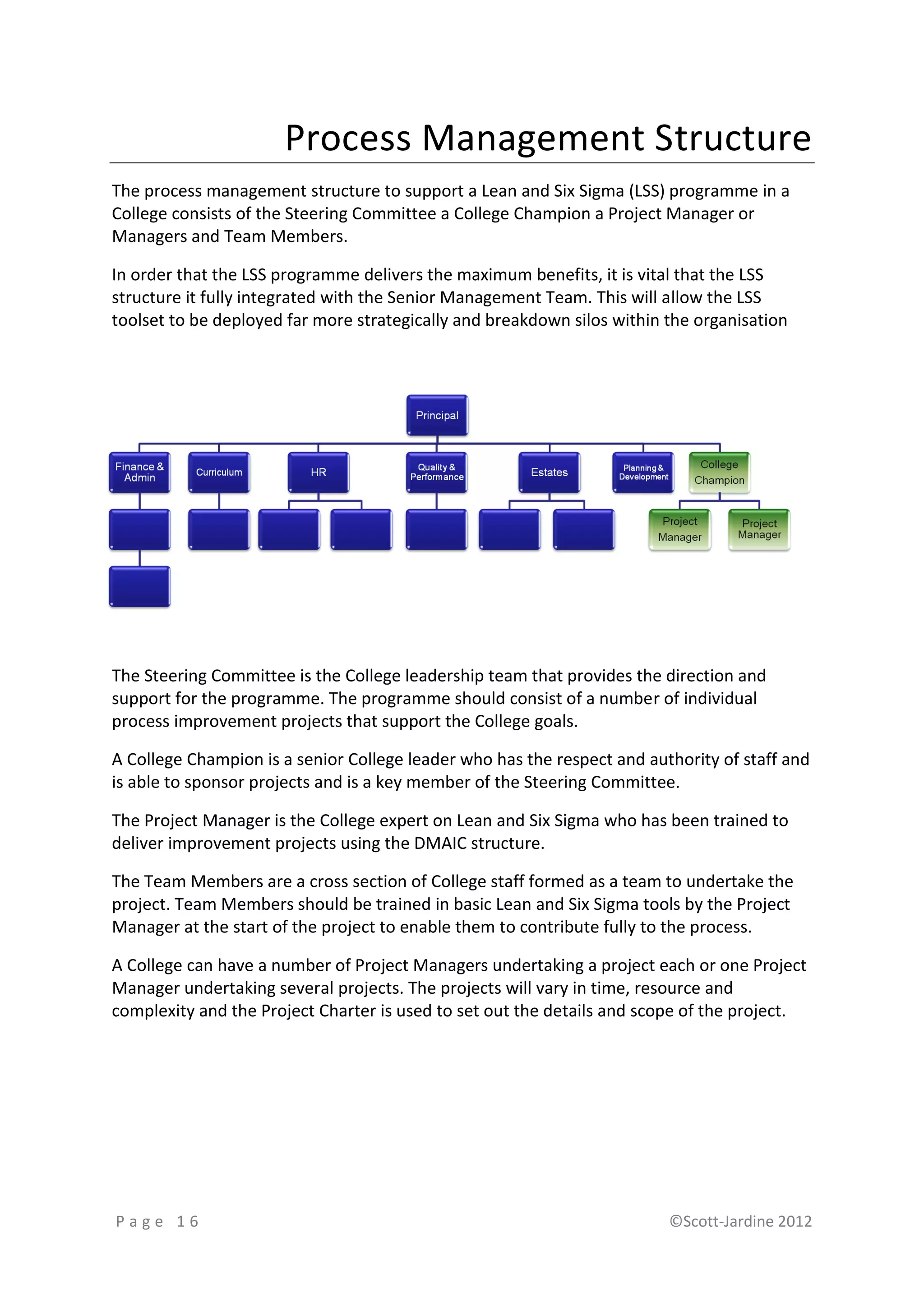 Process Management Structure
The process management structure to support a Lean and Six Sigma (LSS) programme in a
College consists of the Steering Committee a College Champion a Project Manager or
Managers and Team Members.

In order that the LSS programme delivers the maximum benefits, it is vital that the LSS
structure it fully integrated with the Senior Management Team. This will allow the LSS
toolset to be deployed far more strategically and breakdown silos within the organisation




The Steering Committee is the College leadership team that provides the direction and
support for the programme. The programme should consist of a number of individual
process improvement projects that support the College goals.

A College Champion is a senior College leader who has the respect and authority of staff and
is able to sponsor projects and is a key member of the Steering Committee.

The Project Manager is the College expert on Lean and Six Sigma who has been trained to
deliver improvement projects using the DMAIC structure.

The Team Members are a cross section of College staff formed as a team to undertake the
project. Team Members should be trained in basic Lean and Six Sigma tools by the Project
Manager at the start of the project to enable them to contribute fully to the process.

A College can have a number of Project Managers undertaking a project each or one Project
Manager undertaking several projects. The projects will vary in time, resource and
complexity and the Project Charter is used to set out the details and scope of the project.




Page 16                                                                  ©Scott-Jardine 2012
 