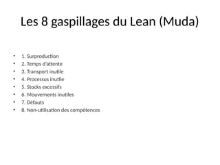 Les 8 gaspillages du Lean (Muda)
• 1. Surproduction
• 2. Temps d’attente
• 3. Transport inutile
• 4. Processus inutile
• 5. Stocks excessifs
• 6. Mouvements inutiles
• 7. Défauts
• 8. Non-utilisation des compétences
 