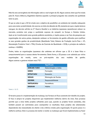 12
Não há uma convergência de informações sobre a real origem do 5S. Alguns autores citam que foi criado
pelo Dr. Kaoru Ishikawa, Engenheiro Químico japonês e principal pregador dos conceitos de qualidade
total no país.
O que se sabe é que o 5S foi criado com o objetivo de possibilitar um ambiente de trabalho adequado
para uma maior produtividade. Isto ocorreu no início da década de 50, momento em que o Japão tentava
reerguer da derrota sofrida na 2ª Guerra Mundial e as indústrias japonesas necessitavam colocar no
mercado, produtos com preço e qualidade capazes de competir na Europa e Estados Unidos.
Após se ter transformado numa grande potência económica, o Japão passou a ser foco de pesquisas por
organizações de outros países, desejando conhecer as ferramentas de gestão utilizadas para justificar
os seus grandes ganhos de produtividade (Qualidade Total, Sistema de Produção Just-In-Time – JIT;
Manutenção Produtiva Total – TPM; Círculos de Controle de Qualidade – CCQ; o princípio de melhoria
contínua – KAIZEN).
Porém, todas as organizações japonesas são unânimes em afirmar que o 5S é a base física e
comportamental para o sucesso destas ferramentas. Desta forma, o 5S passou a ser adotado por várias
organizações do mundo, como um pré-requisito dos seus modelos de gestão.
Alguns autores e gestores incluem mais 7“S”:
7S Significado
SHIKARI-YARO Determinação e União
SHIDO Formação
SETSUYAKU Economia
SEISAN Eliminação de Perdas
SEKININ Responsabilidade
SHITSUKOKU Persistência
SHUKAN Hábito
Tabela 6 - Os 7S
O terceiro passo é a implementação da mudança, isso fornece um fluxo constante de trabalho do projeto.
O foco é sempre ter projetos disponíveis que implementem melhorias dentro da área. Esse processo
permite que a área tenha projetos suficientes para que, quando os projetos forem concluídos, eles
também possam ser controlados para acompanhar os resultados. Esses projetos são selecionados
dependendo das necessidades do cliente e dos critérios criados pela organização. O quarto passo é a
melhoria contínua. Este é o processo de manter e manter as mudanças que foram implementadas ou fazer
 