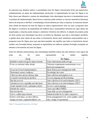 16
As empresas que desejam aplicar a metodologia Lean Six Sigma internamente terão que desenvolver
cuidadosamente um plano de implementação estruturado. A implementação do Lean Six Sigma é um
fator chave que influencia o sucesso da metodologia. Uma abordagem top-down é recomendada para
o processo de implementação, dessa forma a empresa pode realocar os recursos necessários (humanos)
dentro da empresa e distribuir a metodologia estruturalmente por toda a empresa. As empresas devem
estar cientes do impacto do Lean Six Sigma na cultura organizacional. Uma vez que o programa Lean
Six Sigma e a estrutura de especialistas de melhoria que o acompanham estiverem em vigor dentro da
organização, a empresa pode começar a selecionar iniciativas de melhoria. A seleção de projetos pode
ser feita usando uma abordagem top-down ou bottom-up. Qualquer que seja a abordagem escolhida,
a gestão deve estar ciente de que todos os funcionários devem estar totalmente comprometidos com o
programa Lean Six Sigma para que seja bem-sucedido. Isso significa que todos os funcionários devem
receber uma formação básica, enquanto os especialistas em melhoria recebem formação avançada em
métodos e ferramentas do Lean Six Sigma.
Como foi referido anteriormente, esta metodologia beneficie imenso dos dois sistemas e das regras de
cada um, tal como representado na tabela seguinte.
Tabela 7- Comparação Processo Lean vs Six Sigma
 