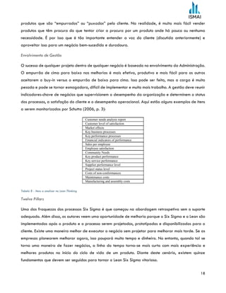 18
produtos que são “empurrados” ou “puxados” pelo cliente. Na realidade, é muito mais fácil vender
produtos que têm procura do que tentar criar a procura por um produto onde há pouca ou nenhuma
necessidade. É por isso que é tão importante entender a voz do cliente (discutida anteriormente) e
aproveitar isso para um negócio bem-sucedido e duradouro.
Envolvimento de Gestão
O sucesso de qualquer projeto dentro de qualquer negócio é baseado no envolvimento da Administração.
O empurrão de cima para baixo nas melhorias é mais efetivo, produtivo e mais fácil para os outros
aceitarem o buy-in versus o empurrão de baixo para cima. Isso pode ser feito, mas a carga é muito
pesada e pode se tornar esmagadora, difícil de implementar e muito mais trabalho. A gestão deve reunir
indicadores-chave de negócios que supervisionem o desempenho da organização e determinem o status
dos processos, a satisfação do cliente e o desempenho operacional. Aqui estão alguns exemplos de itens
a serem monitorizados por Schutta (2006, p. 3):
Tabela 8 - Itens a analisar no Lean Thinking
Twelve Pillars
Uma das fraquezas dos processos Six Sigma é que começou na abordagem retrospetiva sem o suporte
adequado. Além disso, os autores veem uma oportunidade de melhoria porque o Six Sigma e o Lean são
implementados após o produto e o processo serem projetados, prototipados e disponibilizados para o
cliente. Existe uma maneira melhor de executar o negócio sem projetar para melhorar mais tarde. Se as
empresas planearem melhorar agora, isso poupará muito tempo e dinheiro. No entanto, quando tal se
torna uma maneira de fazer negócios, a linha do tempo torna-se mais curta com mais experiência e
melhores produtos no início do ciclo de vida de um produto. Diante deste cenário, existem quinze
fundamentos que devem ser seguidos para tornar o Lean Six Sigma vitorioso.
 