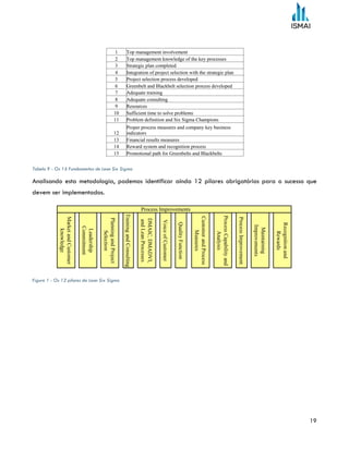 19
Tabela 9 - Os 15 Fundamentos de Lean Six Sigma
Analisando esta metodologia, podemos identificar ainda 12 pilares obrigatórios para o sucesso que
devem ser implementados.
Figure 1 - Os 12 pilares do Lean Six Sigma
 