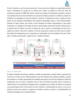 21
O Lean Production e suas ferramentas passaram a fazer parte da estratégia da organização gerando
assim a necessidade da criação de um sistema para auxiliar na gestão da rotina dos fluxos de
manufatura, lançado em 2008. Este sistema consiste num conjunto de fundamentos, padrões e métricas
que aplicados de uma maneira sistemática aos processos da Alpha, promovem e viabilizam o alcance da
excelência em operações por meio das pessoas e procuram a integração de toda a cadeia de valor,
dentro de uma sequência metodológica. Esta sequência metodológica segue o “Lean Thinking Model”,
ilustrado na Figura abaixo, que retrata a base conceitual do sistema, apresentando os seus quatro
fundamentos e a sequência de evolução durante a transformação, migrando do modelo tradicional para
o conceito Lean. O sistema visa atuar na cadeia de valor e procura a sincronização do fluxo com o
objetivo de reduzir o lead time e melhorar o nível de serviço para o cliente ao menor custo na cadeia.
Este sistema foi desenhado para ser suportado por fundamentos do Lean Production tais como: “fluxo
push”, “trabalho padronizado”, “gestão visual” e “melhoria contínua”.
Figure 3 - Lean Thinking Model
O sistema contempla ferramentas, métodos e padrões, apresentados na tabela abaixo, separados de
acordo com a etapa do Lean Thinking Model em que são utilizados. Este conteúdo possibilita a gestão
da manufatura e a melhor compreensão da sequência operacional, não de forma isolada por células de
componentes, mas sim vendo a sequência como um fluxo de família de produto desde a entrada da
matéria-prima a ser processada, montagem, teste, e expedição para o cliente. O sistema visa propiciar
uma aprendizagem sobre as ferramentas do Lean Production, a disseminação da cultura e o seu uso na
gestão da rotina para suportar o programa de melhoria contínua e procurar a sustentabilidade dos
resultados alcançados com os Gemba Kaizens.
 