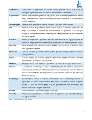 9
Visibilidade Tornar todas as operações tão visíveis quanto possível; deixar que todas as
operações sejam conhecidas por meio de documentação e formação.
Regularidade Eliminar surpresas nas operações. Se possível, criar os mesmos produtos ao mesmo
tempo e trabalhar com o desenvolvimento para reduzir o impacto de novos produtos
no chão de fábrica.
Sincronização Deixar o fluxo satisfazer a procura e manter o processo em movimento
Pull Deixar a procura do produto do cliente fazer o produto no momento e não antes do
tempo. Isso elimina o excesso de armazenamento de produtos e a produção
excessiva; datas potencialmente ausentes para outros produtos que são necessários
por outros clientes.
Resíduos Eliminar o desperdício. Desperdício equivale a tarefas que não agregam valor. As
tarefas de adição sem valor são tarefas que os clientes não estão dispostos a pagar.
Processo Esta é a ordem para a qual um produto é feito; como o produto se move da ideia
para o produto acabado.
Prevenção Criar um processo que evite problemas. Não planear corrigir problemas mas sim
evitar problemas.
Tempo Executar tarefas de maneira oportuna. Economizar tempo executando tarefas
paralelamente ou antes do agendamento.
Melhoria Há sempre áreas para melhorar o produto e o processo. Nunca pare de melhorar.
Parceria O pensamento enxuto requer equipes trabalhando juntas. Os objetivos nunca serão
alcançados se os indivíduos não se comunicarem e permanecerem bem com a forma
como as coisas são feitas. Há sempre espaço para melhorias e as ideias dos indivíduos
devem ser ouvidas.
Participação Dar ao chão de fábrica as primeiras oportunidades para resolver os problemas. Se
o problema não puder ser resolvido no chão, apoie o conceito da política de portas
abertas. O chão de fábrica pode vir para gerenciamento com problemas, mas
deveria também ter soluções potenciais.
Gemba Procurar os fatos e implementar ações no integral
Variação Procure reduzir ou eliminar a variação em todos os processos. Isso elimina tarefas que
não agregam valor.
Tabela 3 - Caraacterísticas do Lean Thinking
 