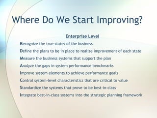 Where Do We Start Improving? Enterprise Level R ecognize the true states of the business D efine the plans to be in place to realize improvement of each state M easure the business systems that support the plan A nalyze the gaps in system performance benchmarks I mprove system elements to achieve performance goals C ontrol system-level characteristics that are critical to value S tandardize the systems that prove to be best-in-class I ntegrate best-in-class systems into the strategic planning framework 