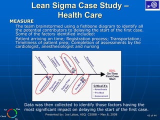 Plan
Do
Check
Act
Presented by: Joe Labas, ASQ CSSBB – May 8, 2008 45 of 44
Lean Sigma Case Study –
Health Care
MEASURE
The team brainstormed using a fishbone diagram to identify all
the potential contributors to delaying the start of the first case.
Some of the factors identified included:
Patient arriving on time; Registration process; Transportation;
Timeliness of patient prep; Completion of assessments by the
cardiologist, anesthesiologist and nursing
Data was then collected to identify those factors having the
most significant impact on delaying the start of the first case.
 