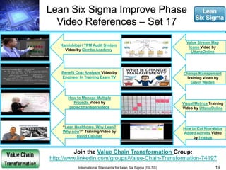 Lean Six Sigma Improve Phase 
Video References – Set 17 
Visual Metrics Training 
Video by UttanaOnline 
19 
Benefit Cost Analysis Video by 
Engineer In Training Exam TV 
Join the Value Chain Transformation Group: 
http://www.linkedin.com/groups/Value-Chain-Transformation-74197 
International Standards for Lean Six Sigma (ISLSS) 
Value Stream Map 
Icons Video by 
UttanaOnline 
Kamishibai / TPM Audit System 
Video by Gemba Academy 
How to Cut Non-Value 
Added Activity Video 
by i-nexus 
“Lean Healthcare. Why Lean? 
Why now?” Training Video by 
David Daisher 
Change Management 
Training Video by 
Gavin Wedell 
How to Manage Multiple 
Projects Video by 
projectmanagervideos 
 