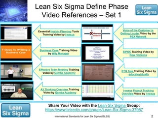 Lean Six Sigma Define Phase 
Video References – Set 1 
2 
Essential Hoshin Planning Tools 
Training Video by i-nexus 
Business Case Training Video 
by Wily Manager 
Effective Team Meeting Training 
Video by Gemba Academy 
A3 Thinking Overview Training 
Video by Gemba Academy 
Share Your Video with the Lean Six Sigma Group: 
https://www.linkedin.com/groups/Lean-Six-Sigma-37987 
International Standards for Lean Six Sigma (ISLSS) 
Voice of the Customer is 
Getting Louder Video by the 
PEX Network 
SIPOC Training Video by 
New Horizons 
CTQ Tree Training Video by 
educatevirtually 
i-nexus Project Tracking 
Overview Video by i-nexus 
 