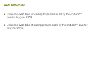 Goal Statement
● Decrease cycle time for closing Inspection lot 03 by the end of 2nd
quarter this year 2016.
● Decrease cycle time of closing process order by the end of 2nd quarter
this year 2016.
 