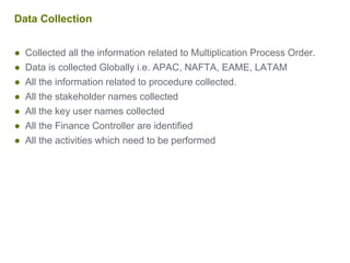 Data Collection
● Collected all the information related to Multiplication Process Order.
● Data is collected Globally i.e. APAC, NAFTA, EAME, LATAM
● All the information related to procedure collected.
● All the stakeholder names collected
● All the key user names collected
● All the Finance Controller are identified
● All the activities which need to be performed
 