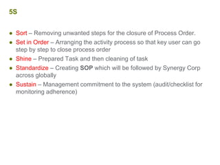 5S
● Sort – Removing unwanted steps for the closure of Process Order.
● Set in Order – Arranging the activity process so that key user can go
step by step to close process order
● Shine – Prepared Task and then cleaning of task
● Standardize – Creating SOP which will be followed by Synergy Corp
across globally
● Sustain – Management commitment to the system (audit/checklist for
monitoring adherence)
 