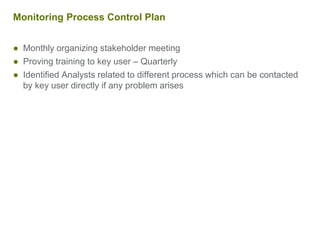 Monitoring Process Control Plan
● Monthly organizing stakeholder meeting
● Proving training to key user – Quarterly
● Identified Analysts related to different process which can be contacted
by key user directly if any problem arises
 