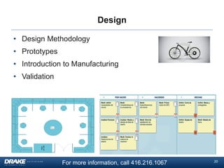 Design
• Design Methodology
• Prototypes
• Introduction to Manufacturing

• Validation

For more information, call 416.216.1067

20

 