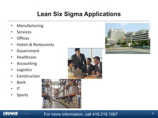 Lean Six Sigma Applications
•
•
•
•
•
•
•
•
•
•
•
•

Manufacturing
Services
Offices
Hotels & Restaurants
Government
Healthcare
Accounting
Logistics
Construction
Bank
IT
Sports

For more information, call 416.216.1067

8

 