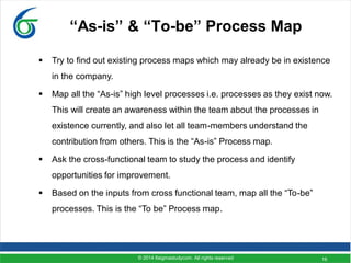 16
“As-is” & “To-be” Process Map
 Try to find out existing process maps which may already be in existence
in the company.
 Map all the “As-is” high level processes i.e. processes as they exist now.
This will create an awareness within the team about the processes in
existence currently, and also let all team-members understand the
contribution from others. This is the “As-is” Process map.
 Ask the cross-functional team to study the process and identify
opportunities for improvement.
 Based on the inputs from cross functional team, map all the “To-be”
processes. This is the “To be” Process map.
© 2014 6sigmastudycom. All rights reserved
 