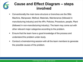 22
Cause and Effect Diagram – steps
involved
 Conventionally the main bone structure or branches are the 5Ms:
Machine, Manpower, Method, Materials, Maintenance (followed in
manufacturing industry) and the 4Ps: Policies, Procedure, people, Plant
(followed in non-manufacturing industry). The team may come out with
other relevant major categories according to the problem.
 Ensure that the team have a good knowledge of the process and
understand the problem under study.
 Conduct a brainstorming session with all the team members to generate
the possible causes of the problem.
© 2014 6sigmastudycom. All rights reserved
 