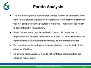 25
Pareto Analysis
 The Pareto Diagram is named after Vilfredo Pareto, an economist from
Italy. Pareto studied distribution of wealth and found that the distribution
was not equal across the population. He found – majority of the wealth
is concentrated in relatively few.
 Pareto’s theory was popularized by Dr. Joseph M. Juran, who is
regarded as the father of quality control. It was Dr. Juran who called the
eighty-twenty ratio propounded by Pareto as the “Pareto principle”.
 Dr. Juran termed those few contributors which account for bulk of the
effect as ‘Vital few’.
 He termed other sources which do not contribute significantly to the
effect as ‘Trivial many’.
© 2014 6sigmastudycom. All rights reserved
 