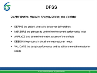 35
DFSS
DMADV (Define, Measure, Analyze, Design, and Validate)
 DEFINE the project goals and customer deliverables
 MEASURE the process to determine the current performance level
 ANALYZE and determine the root causes of the defects
 DESIGN the process in detail to meet customer needs
 VALIDATE the design performance and its ability to meet the customer
needs
© 2014 6sigmastudycom. All rights reserved
 