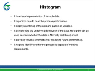 8
Histogram
 It is a visual representation of variable data.
 It organizes data to describe process performance.
 It displays centering of the data and pattern of variation.
 It demonstrate the underlying distribution of the data. Histogram can be
used to check whether the data is Normally distributed or not.
 It provides valuable information for predicting future performance.
 It helps to identify whether the process is capable of meeting
requirements.
© 2014 6sigmastudycom. All rights reserved
 