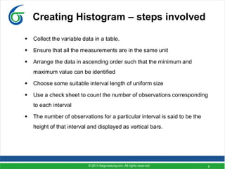 9
Creating Histogram – steps involved
 Collect the variable data in a table.
 Ensure that all the measurements are in the same unit
 Arrange the data in ascending order such that the minimum and
maximum value can be identified
 Choose some suitable interval length of uniform size
 Use a check sheet to count the number of observations corresponding
to each interval
 The number of observations for a particular interval is said to be the
height of that interval and displayed as vertical bars.
© 2014 6sigmastudycom. All rights reserved
 