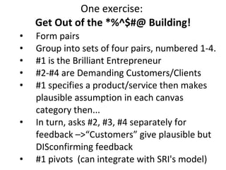 One exercise:  Get Out of the *%^$#@ Building! Form pairs Group into sets of four pairs, numbered 1-4. #1 is the Brilliant Entrepreneur #2-#4 are Demanding Customers/Clients #1 specifies a product/service then makes plausible assumption in each canvas category then... In turn, asks #2, #3, #4 separately for feedback –>“Customers” give plausible but DISconfirming feedback #1 pivots  (can integrate with SRI's model) 